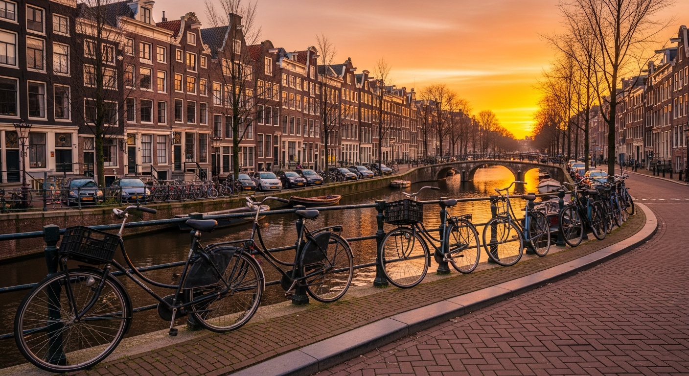Wide shot of a canal in Amsterdam at sunset with bicycles parked along the brick sidewalk, warm golden light, editorial photography