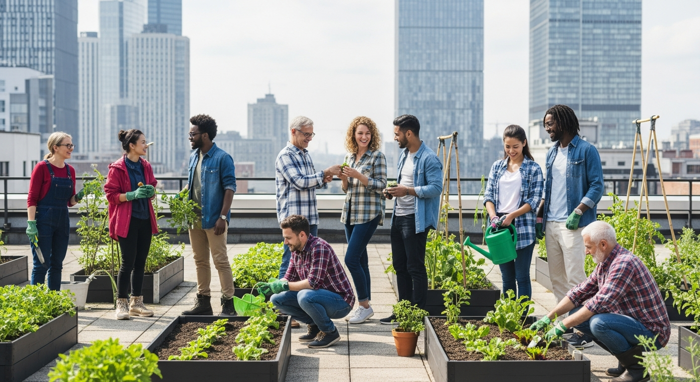 A group of diverse city residents in a lively neighborhood, engaging in local activities amid ongoing urban renewal projects, reflecting community resilience and transformation.