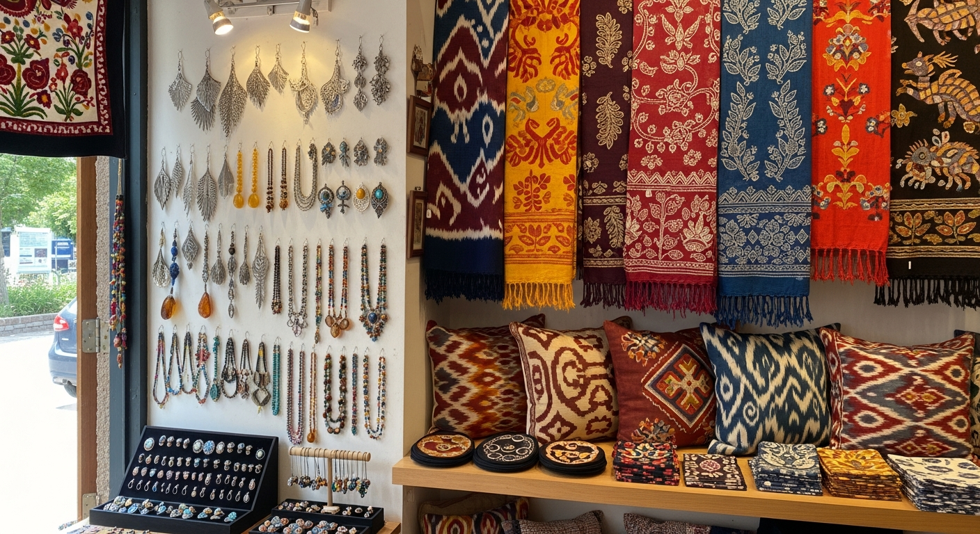 Display of handcrafted jewelry and textiles with intricate patterns on display in a vibrant artisan shop