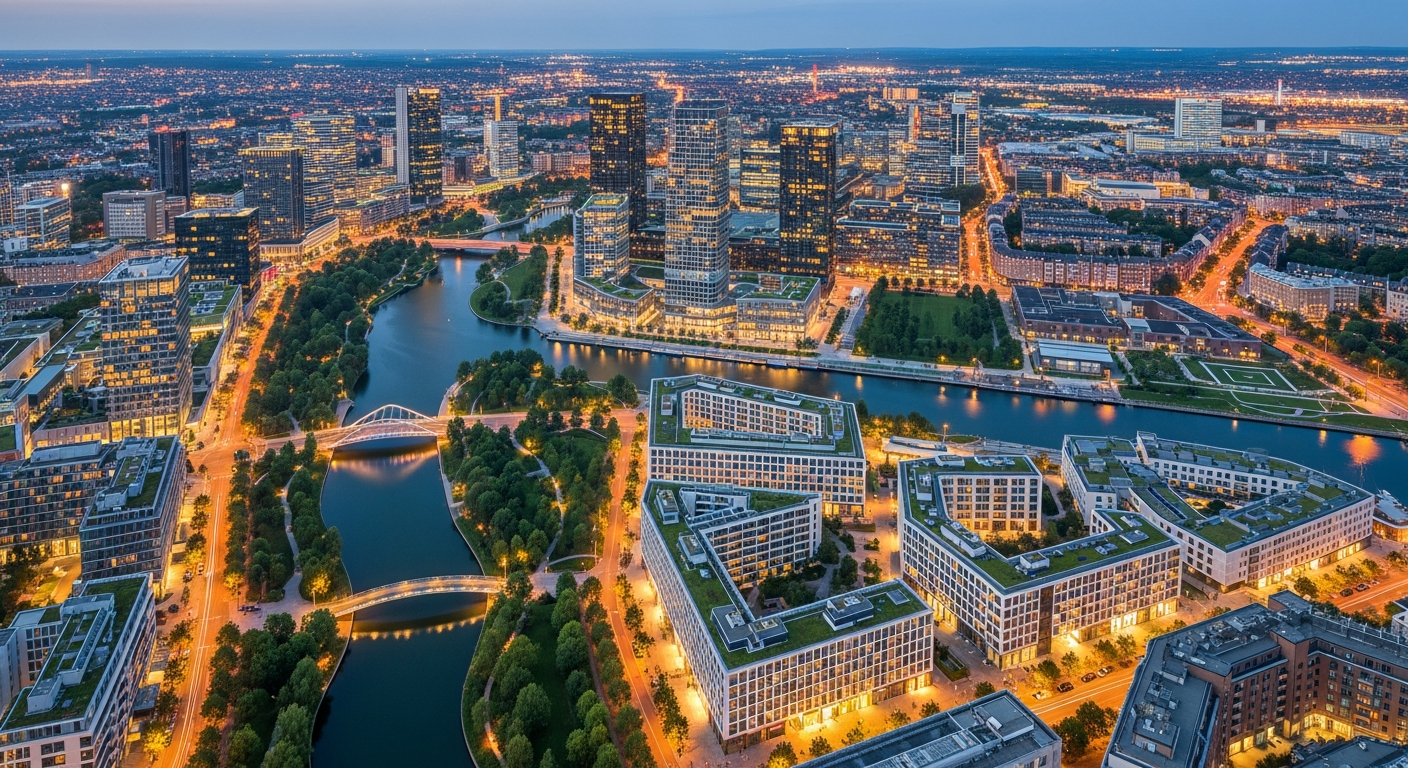 An aerial view of a modern city with waterways, green spaces, and mixed-use buildings, symbolizing sustainable urban development and adaptive city planning.