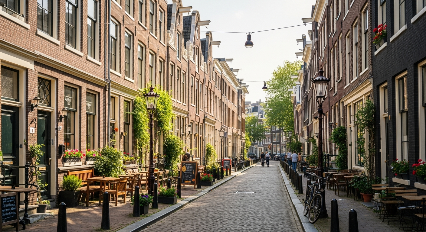 A quiet historic street in a lesser-known Amsterdam neighborhood lined with brick houses and boutique cafes during daylight