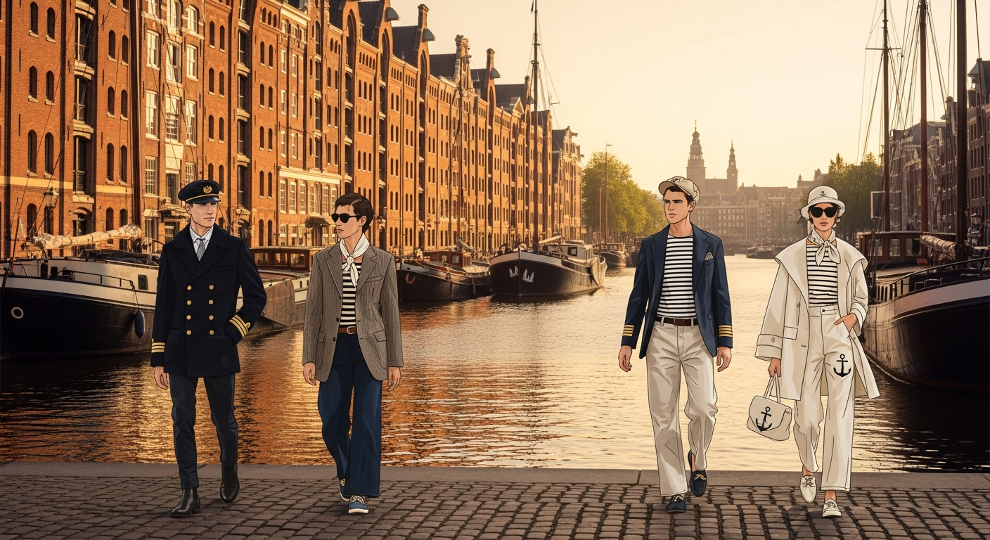 Amsterdam history An artistic depiction of Amsterdam’s historic maritime district with modern fashion elements blended into the scene—people in nautical-inspired clothing, historic warehouses, and the skyline in golden hour lighting.