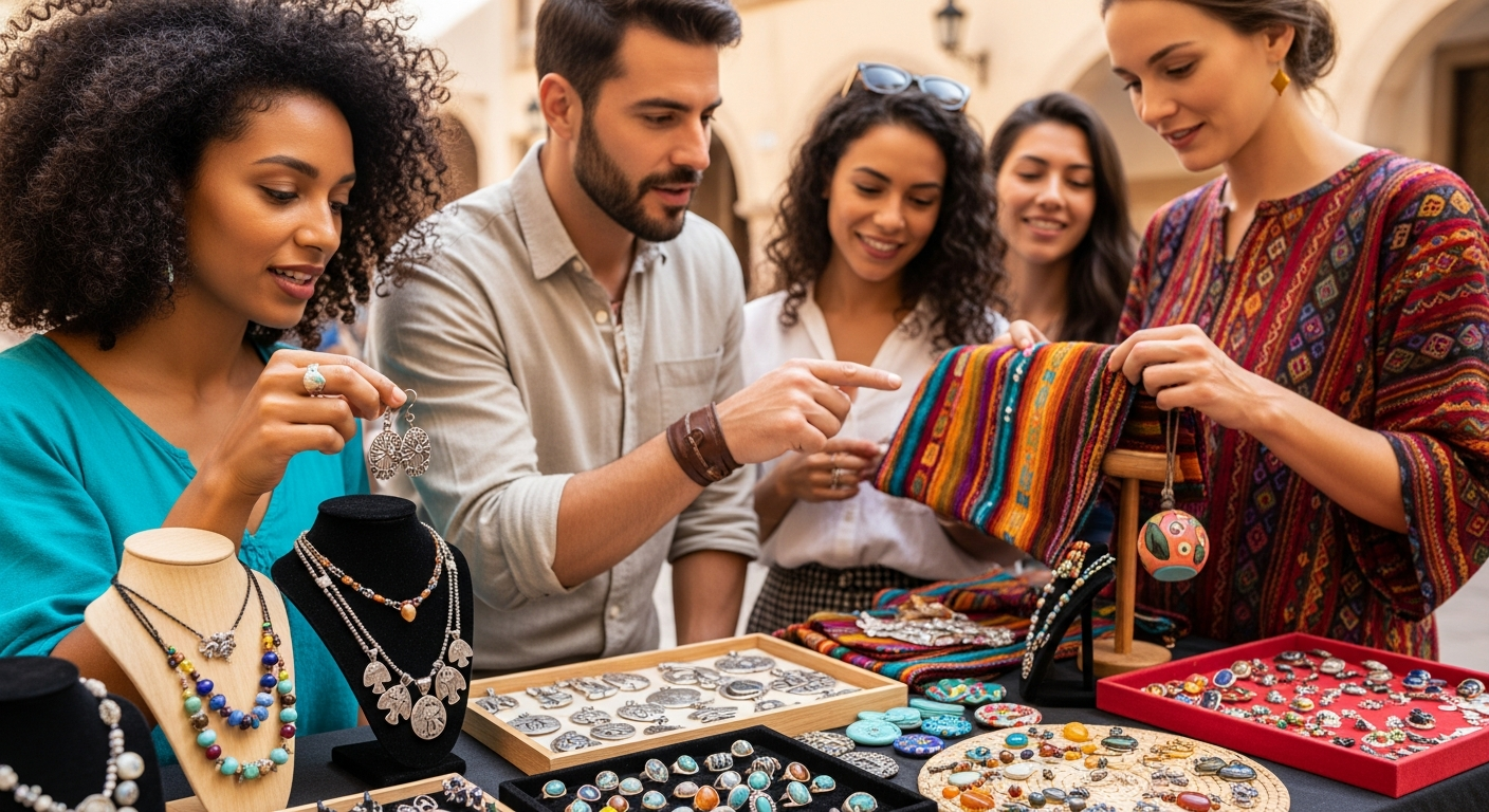 Close-up of a diverse group of tourists shopping in a lively outdoor plaza, some trying on handmade jewelry, others examining local textile products, lively and colorful environment