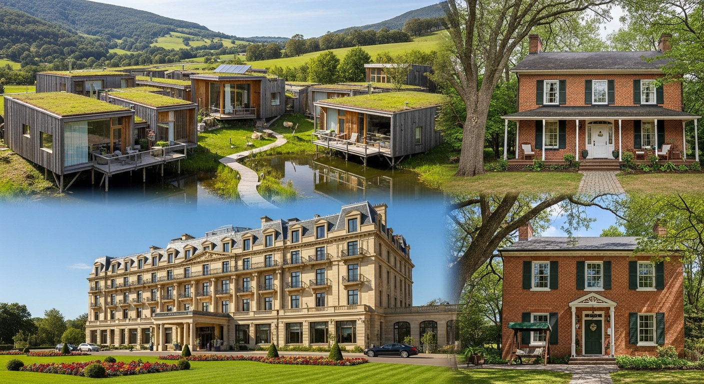 diverse lodging options Photorealistic image capturing a variety of lodging options including a luxury hotel, a cozy boutique inn, and a modern eco-lodge nestled in a scenic landscape, showcasing diversity in accommodation styles