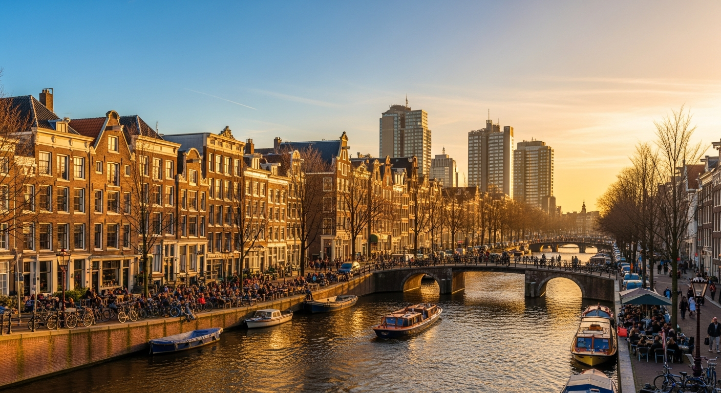 A panoramic view of Amsterdam’s iconic canals with tourists enjoying cafes, high-rise hotels, and the historic cityscape bathed in golden sunset light, emphasizing the city’s vibrant yet costly appeal.