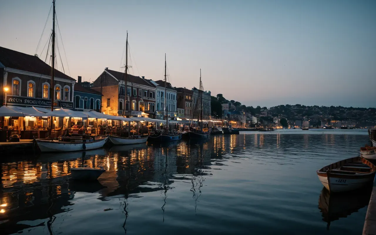 A calm city waterfront at dusk with soft lighting reflecting on still water, a few small boats visible in the distance, no large ships, peaceful and tranquil mood, neutral modern urban setting