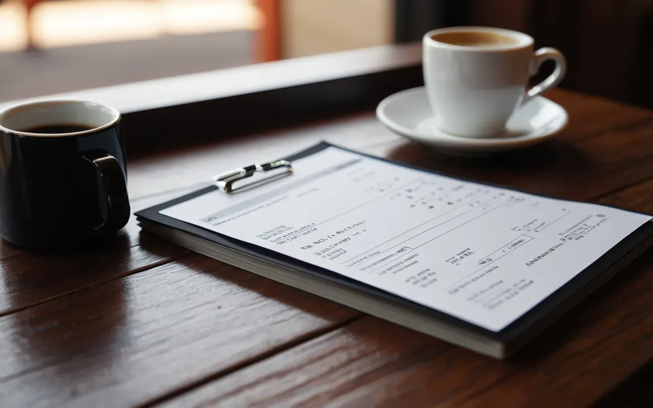 A close-up view of a sleek hotel bill receipt resting on a wooden table next to an espresso cup with soft morning light illuminating the paper.