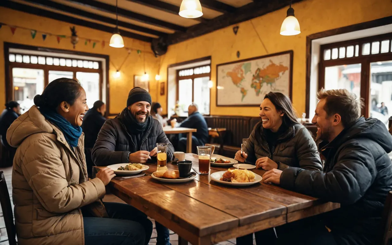 A group of diverse tourists sitting at a small wooden table in a cozy indoor cafe, laughing and talking, with warm lighting and blurred background, no text or signage visible