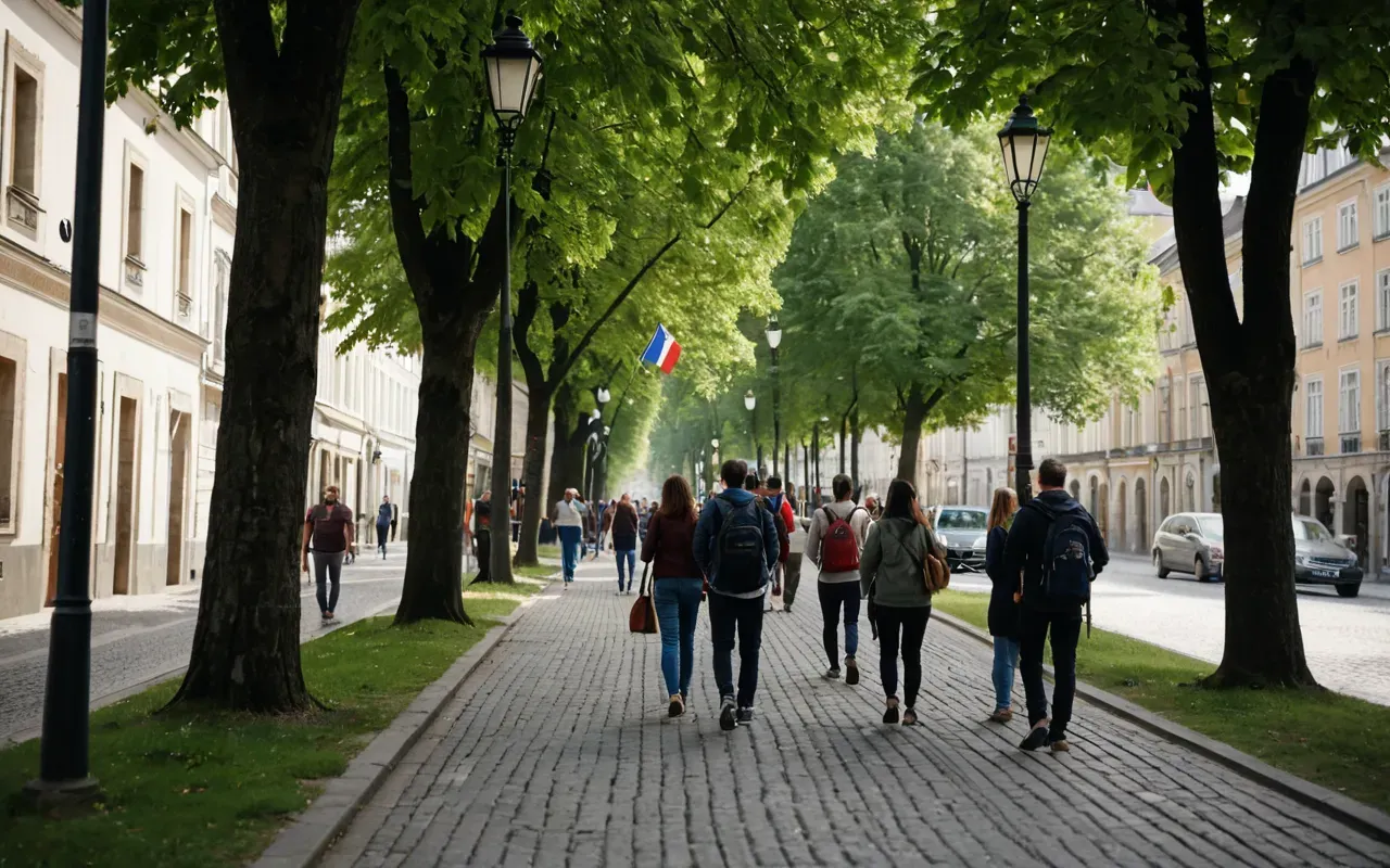 urban tourism A group of diverse travelers walking along a quiet tree-lined street in a European city, enjoying a relaxed pace and casual conversation