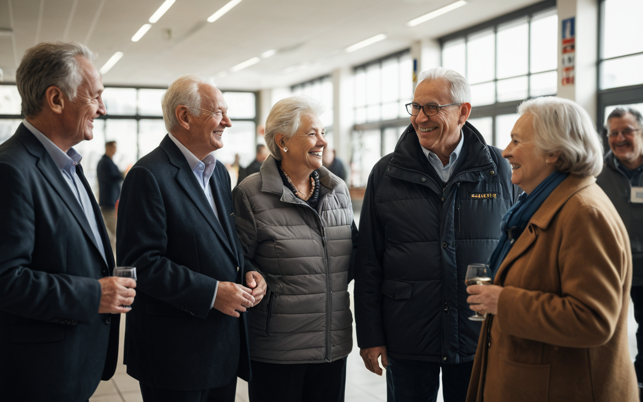 A group of older adults standing together in a modern indoor space, smiling and talking. The lighting is warm and natural, creating a sense of community and connection. No text or signage is visible in the scene.
