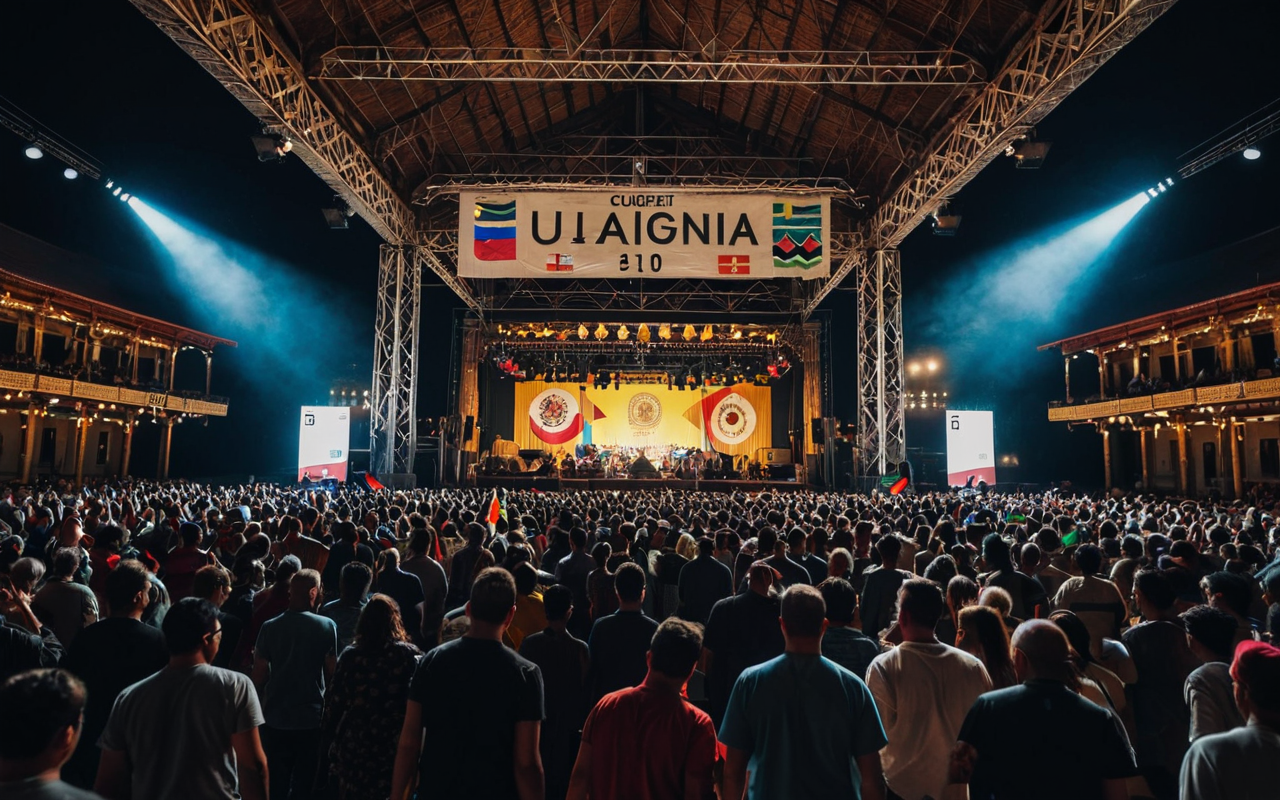 A large indoor concert venue at night with colorful stage lights illuminating a diverse crowd of people dancing. The atmosphere is energetic and celebratory with beams of light cutting through the dark space.