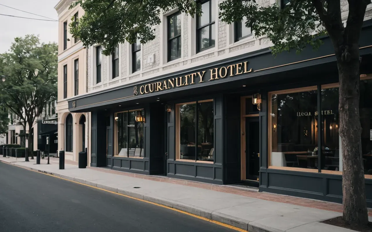 sustainable tourism A modern boutique hotel exterior in a quiet urban neighborhood, with clean architecture, large windows, and a tree-lined sidewalk