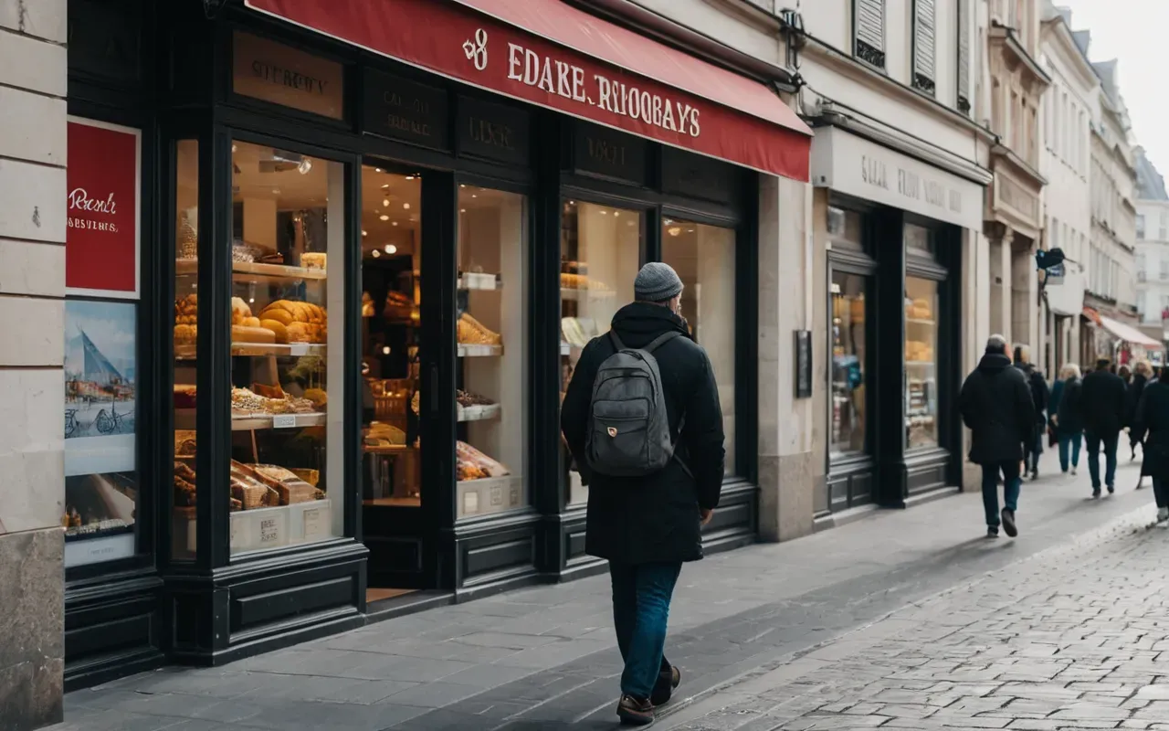 A modern tourist walking past a brightly lit storefront in a European city street, looking confused at the window display, with soft daylight and urban background, no text visible on any signs