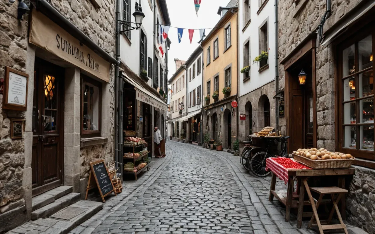 A realistic street-level view of a narrow European cobblestone alley with a local artisan shop, soft natural lighting, a few pedestrians walking casually, no crowds, no text or signs visible