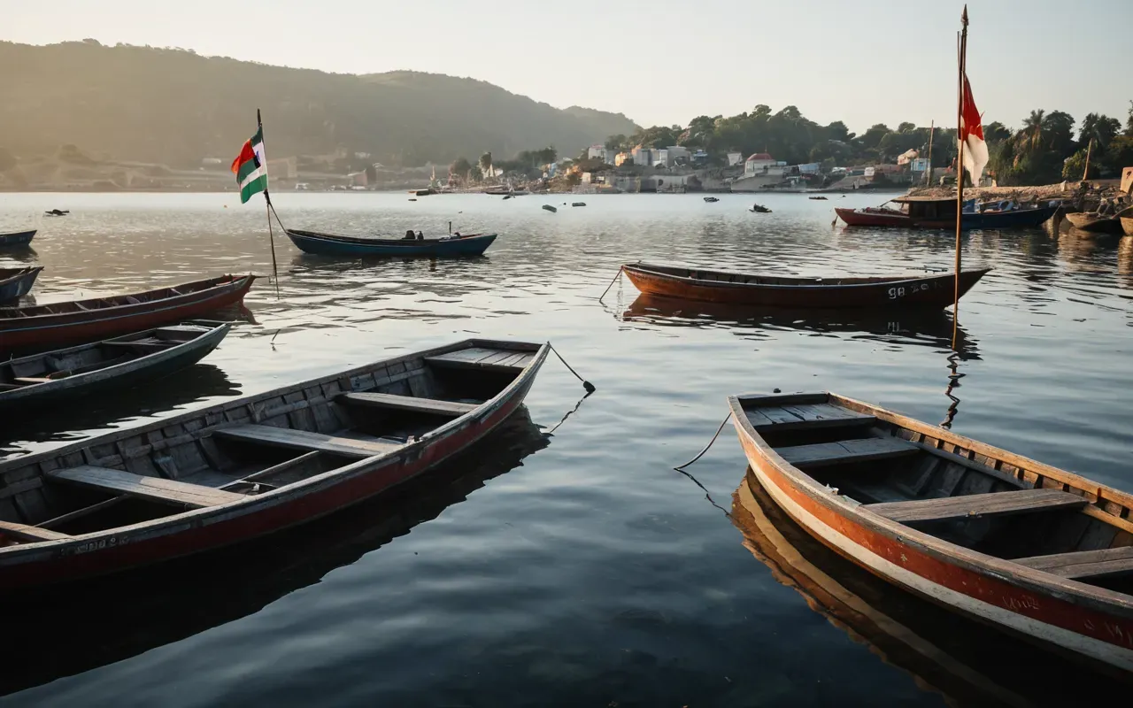A serene early morning view of calm water with a few small boats in the distance, soft morning light reflecting off the surface, no large ships, peaceful atmosphere, neutral modern waterfront setting
