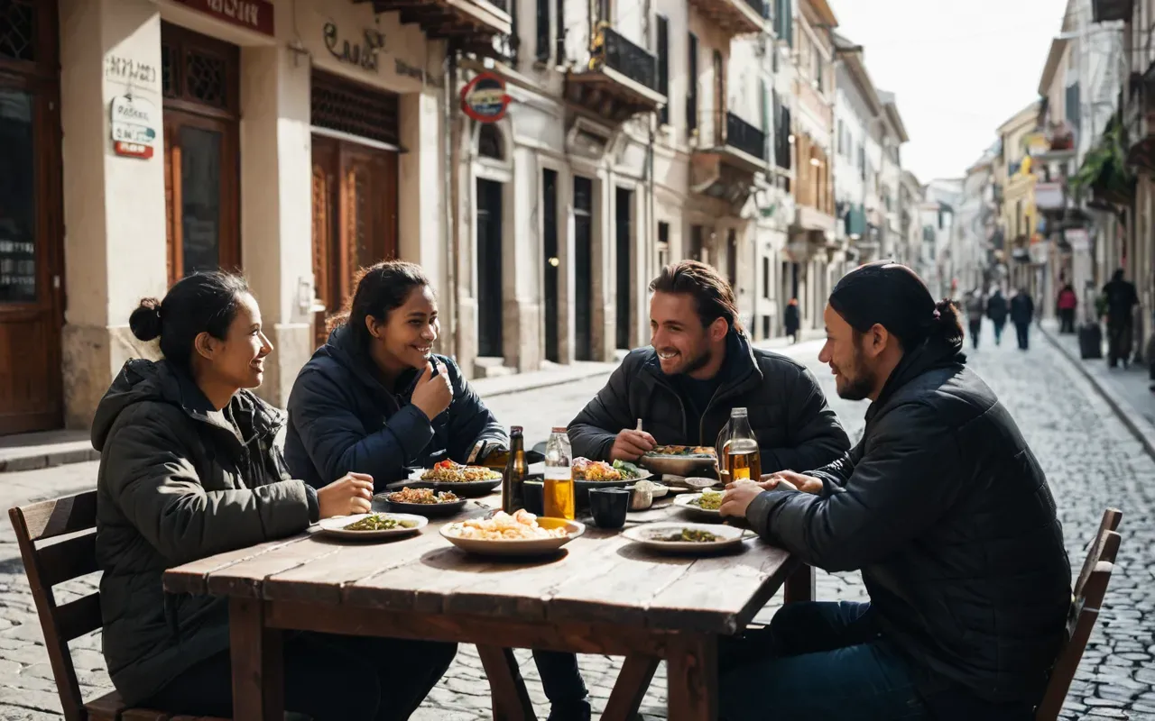 A small group of travelers sitting at an outdoor table sharing a meal, relaxed posture, soft natural lighting, modern urban street in background, no signage or text, calm and authentic atmosphere