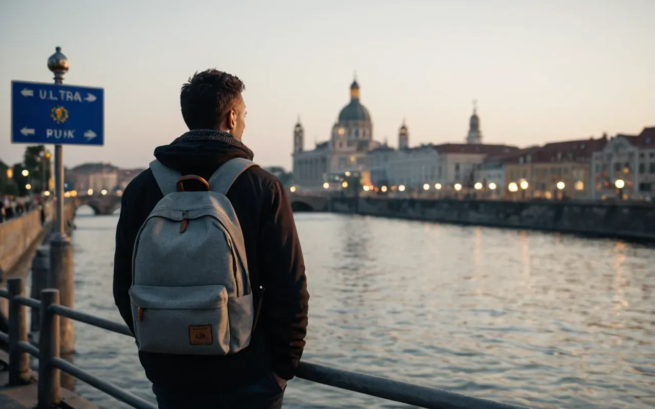 A traveler standing on a quiet city bridge looking out over calm water, soft evening light, no crowds, peaceful mood, modern urban setting with clean lines and minimal background detail