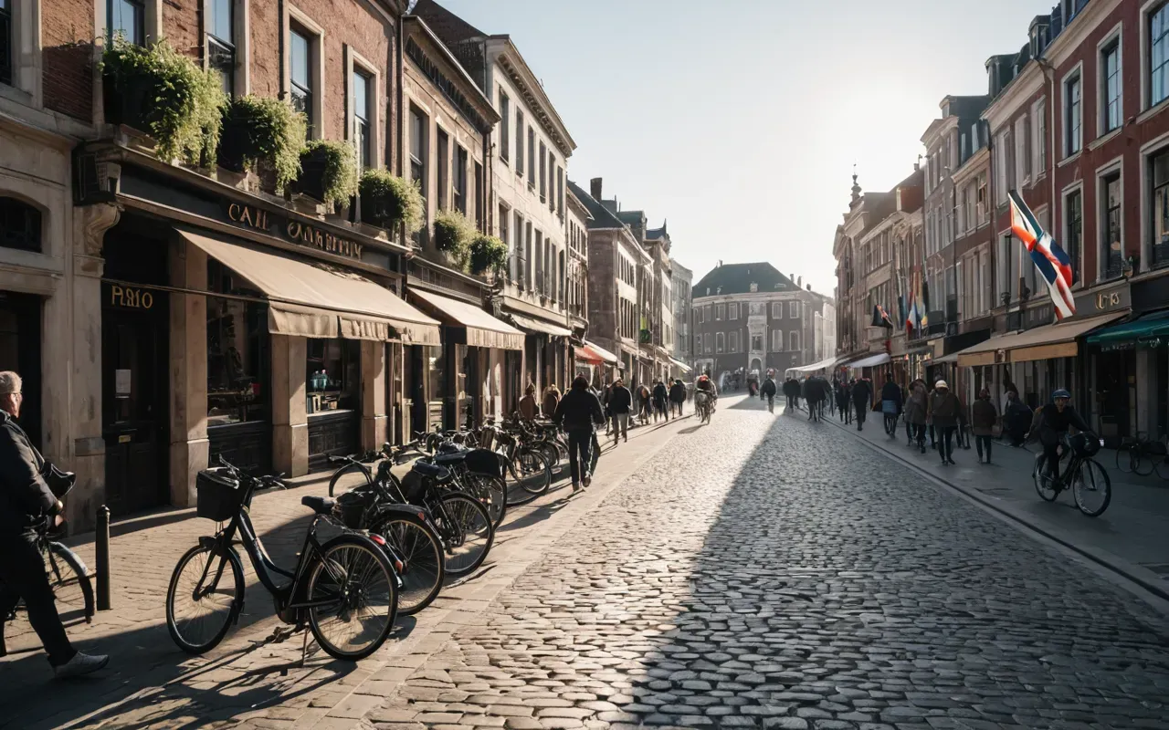 A wide-angle photo of a quiet, sunlit canal street in a historic European city, with a few cyclists and pedestrians, soft morning light, calm water reflections, no crowds, no text or signage visible
