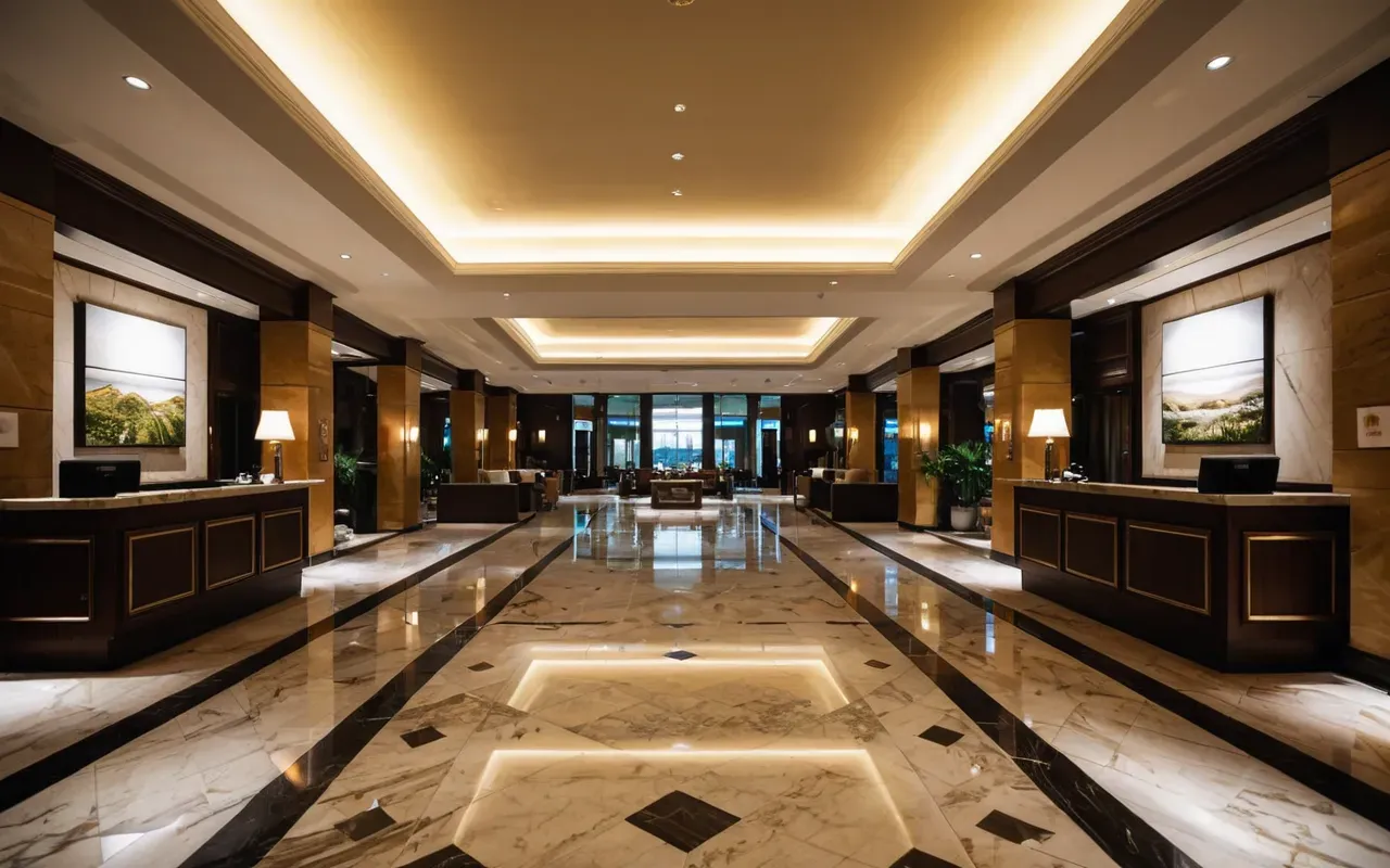 A wide-angle shot of a modern glass-fronted hotel lobby at dusk with warm interior lighting reflecting off polished marble floors and blurred silhouettes of travelers checking in.