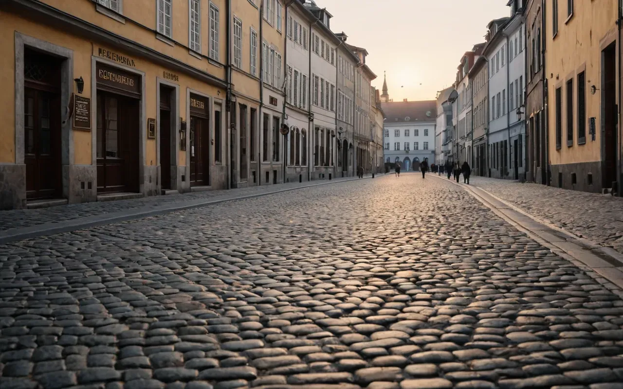 overtourism A wide, empty cobblestone street in a historic European city at dawn, with soft golden light, minimal pedestrians, and a sense of calm and space