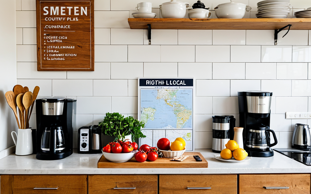 Clean editorial still life of a modern kitchen countertop with fresh local produce, a coffee maker, and ceramic dishware, soft natural light, neutral tones