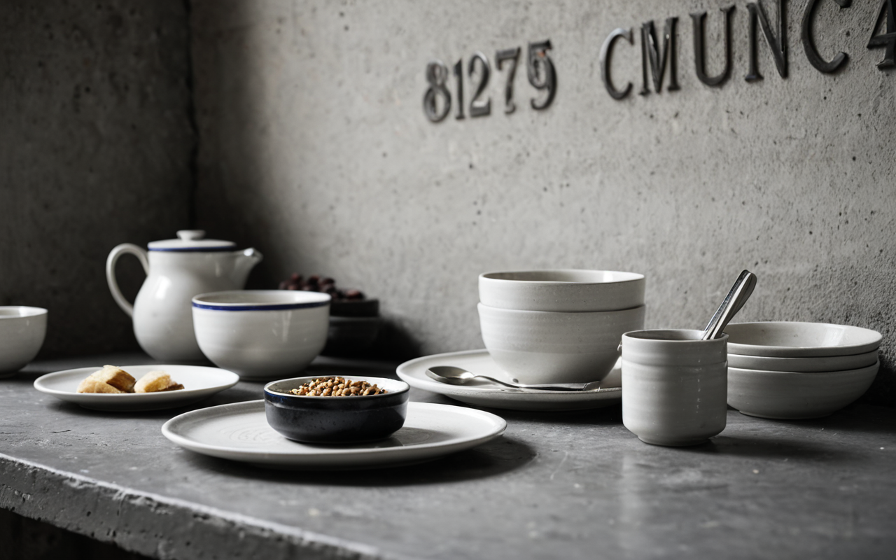 Clean editorial still life of ceramic dishware on a concrete surface, diffused soft light, monochrome neutral tones