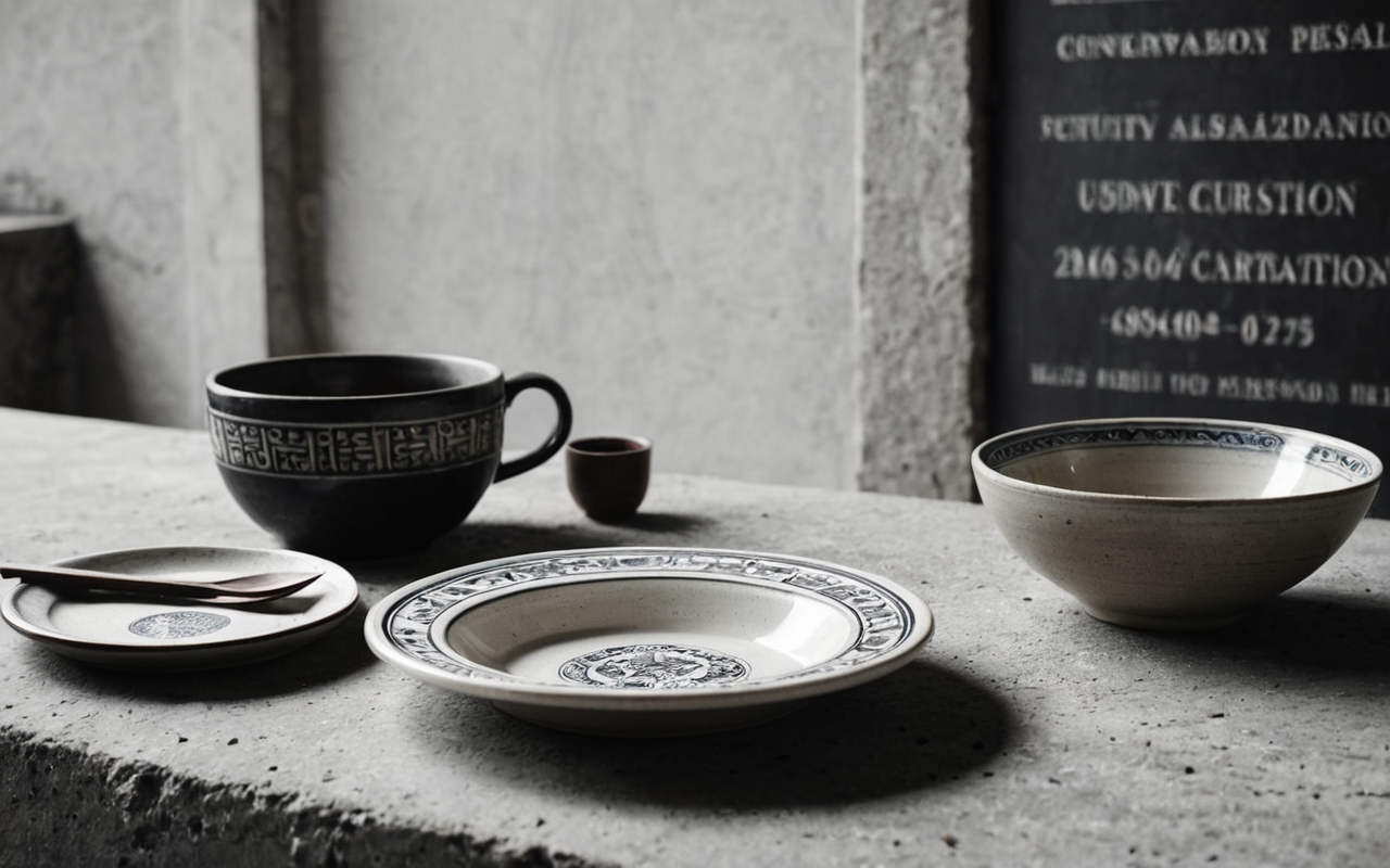 Clean editorial still life of ceramic dishware on a concrete surface, diffused soft light, monochrome neutral tones