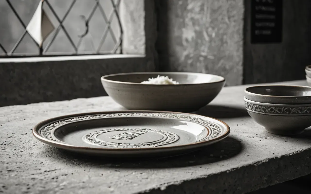 Clean editorial still life of ceramic dishware on a concrete surface with diffused soft light and monochrome neutral tones