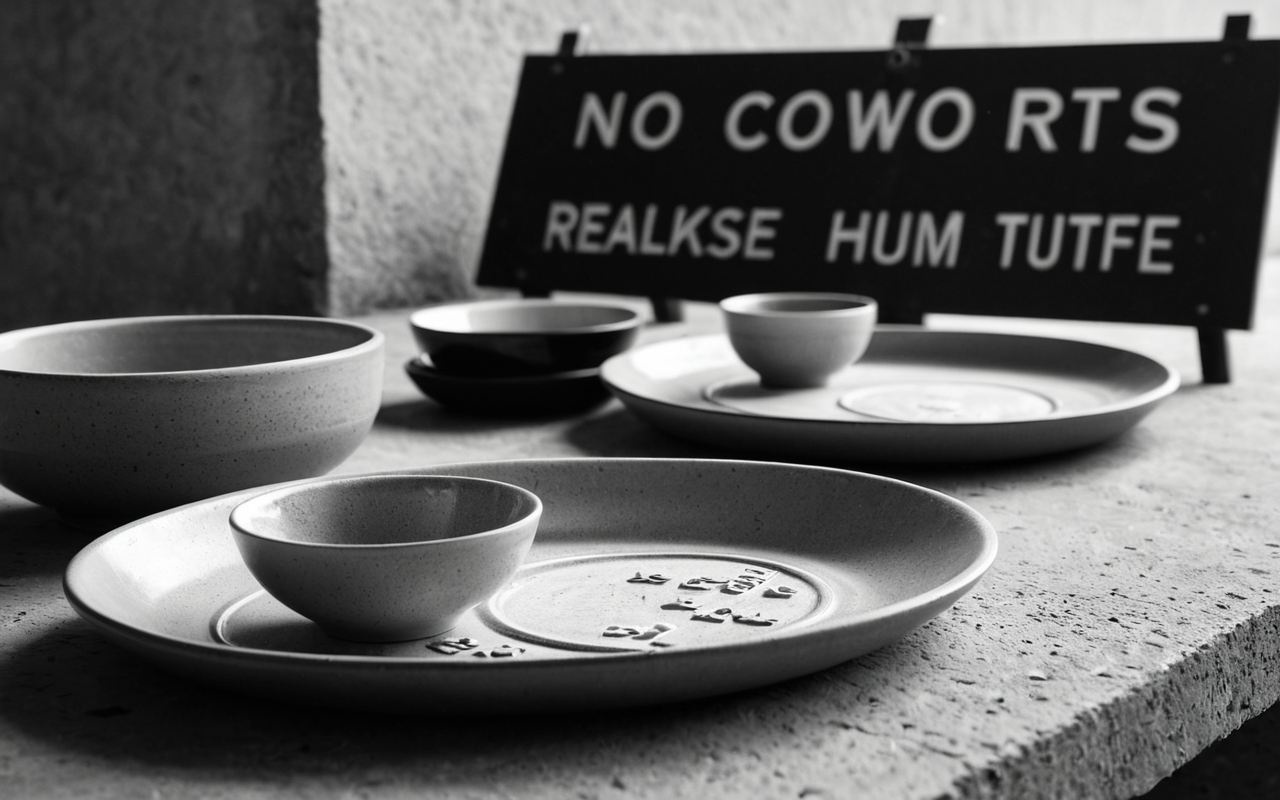 Clean editorial still life of ceramic dishware on a concrete surface, diffused soft light, monochrome neutral tones, no text visible