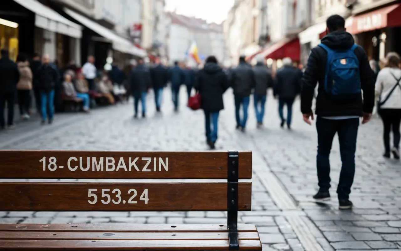 Close-up editorial shot of a crowded pedestrian zone with blurred faces and a single empty bench in the foreground, soft natural lighting