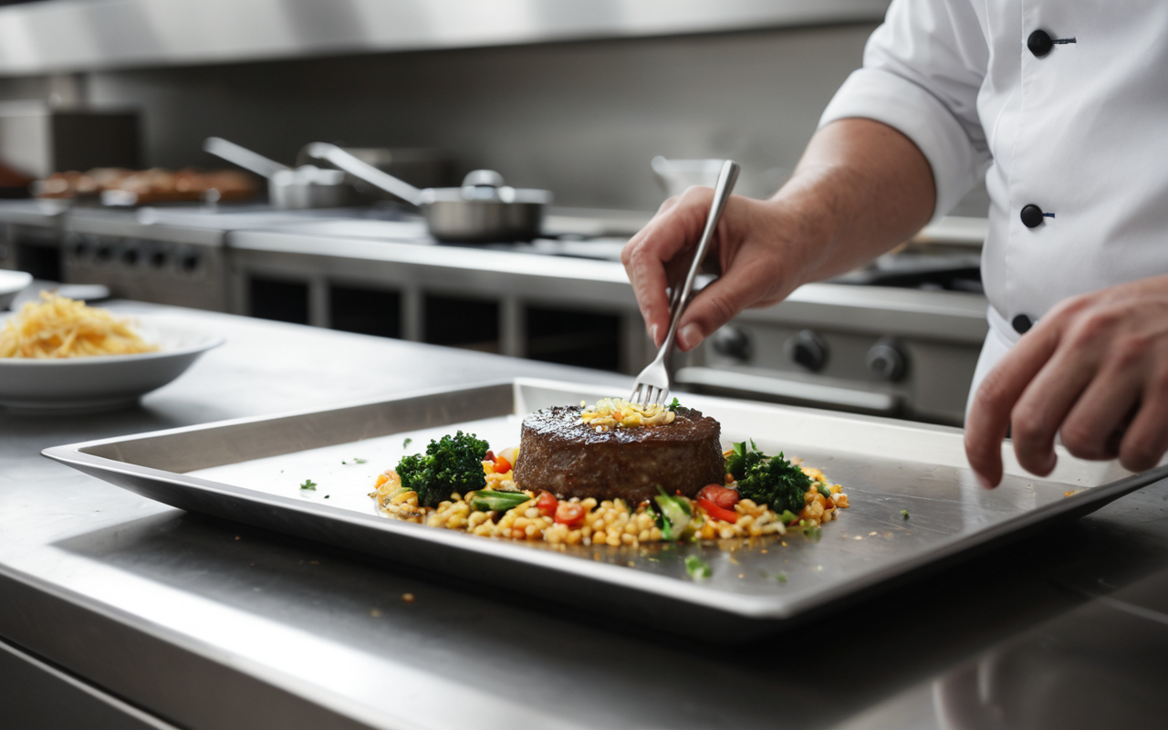 Close-up of a chef plating contemporary cuisine in a clean stainless-steel professional kitchen, shallow depth of field