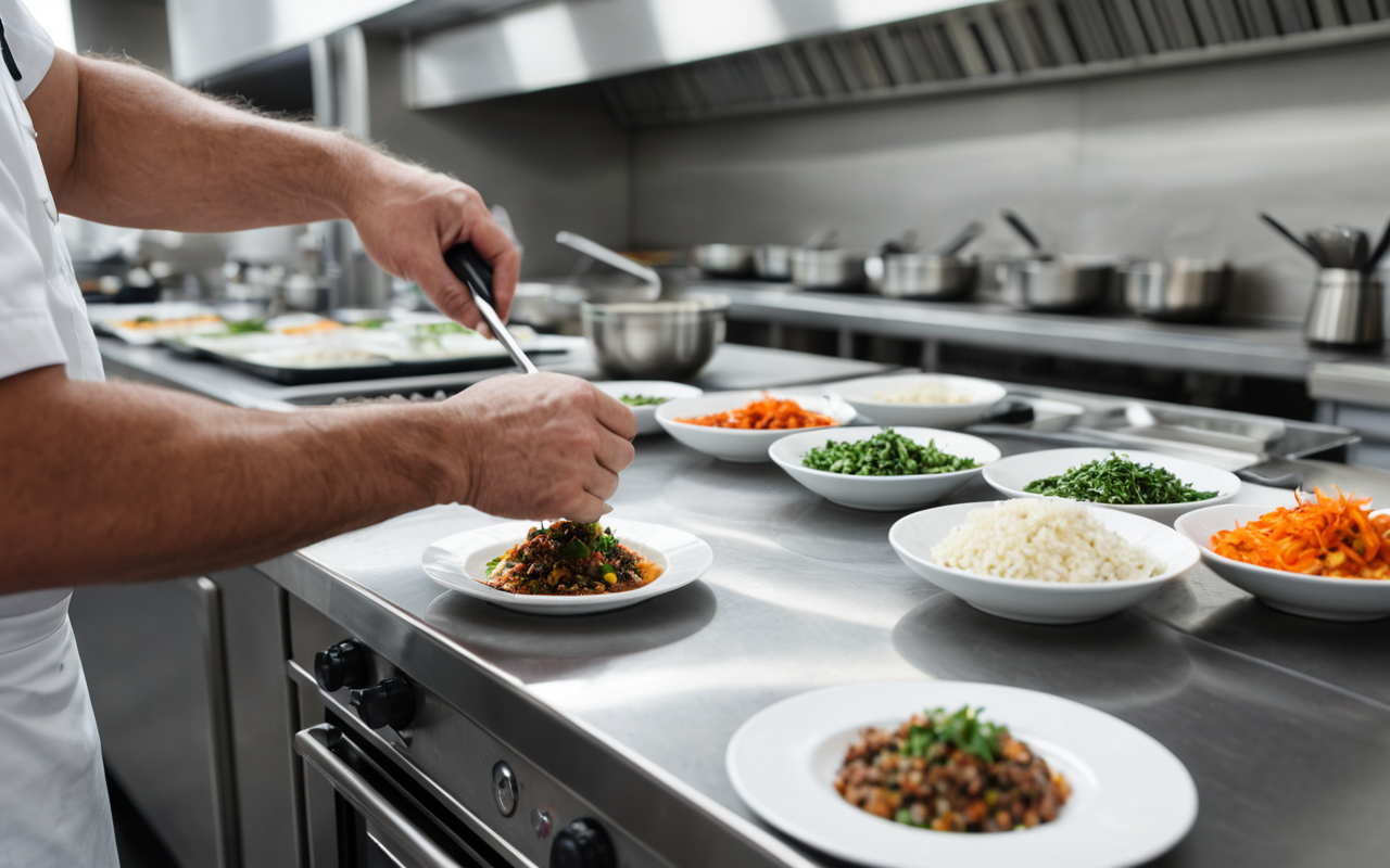 Close-up of a chef plating contemporary cuisine in a clean stainless-steel professional kitchen, shallow depth of field
