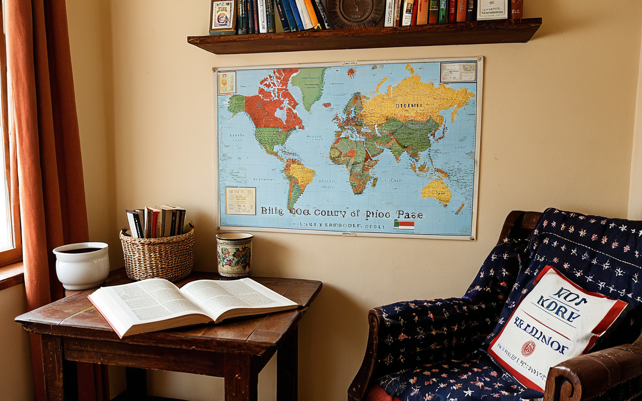 Close-up of a cozy reading nook in a shared living space with a comfortable armchair, soft lighting, books on a small wooden table, and a warm inviting atmosphere, neutral tones