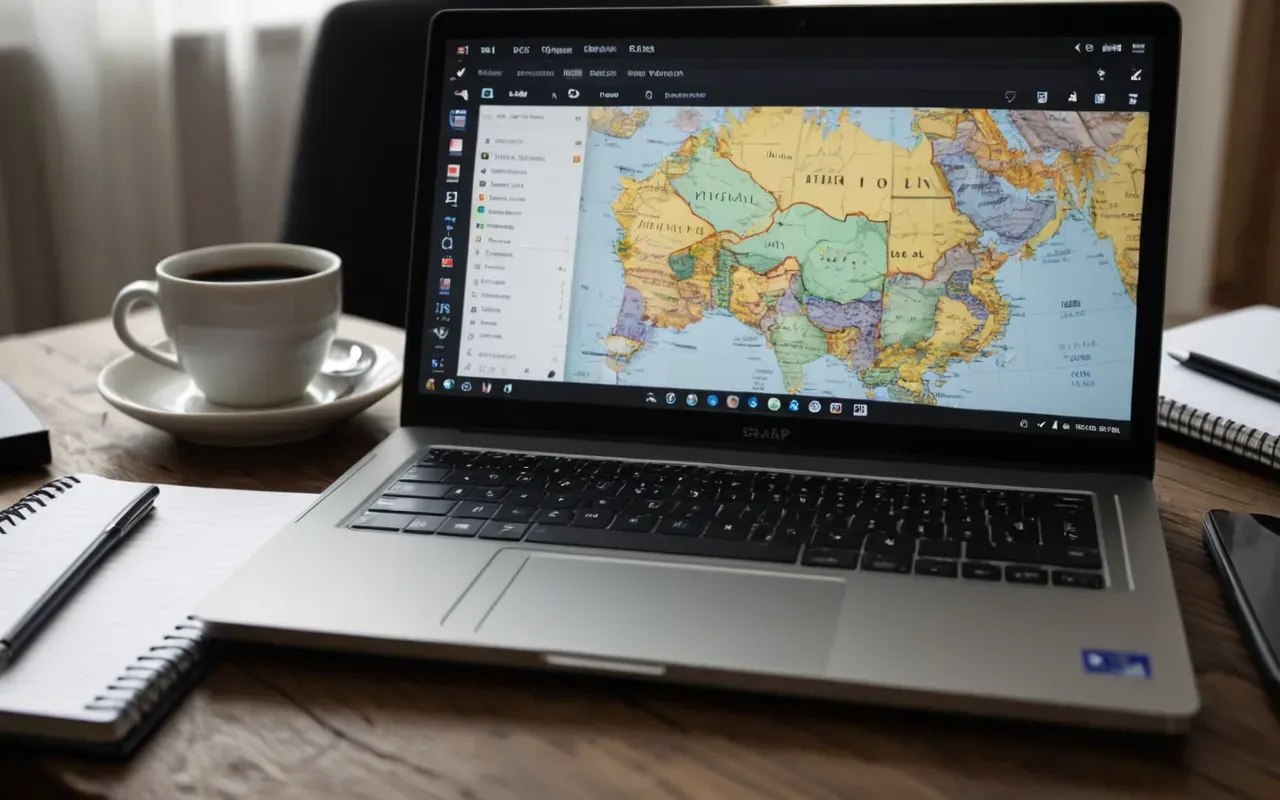 tourism management hbo Close-up of a modern laptop on a wooden table with a cup of black coffee and a notebook, soft diffused lighting, clean workspace, neutral tones, editorial style