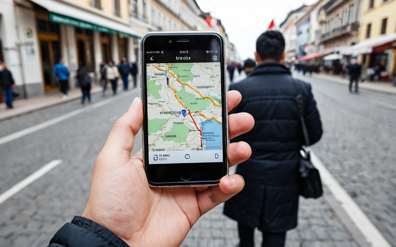 Close-up of a person holding a smartphone displaying a map application, with a blurred background of a modern city street, natural daylight, editorial photography