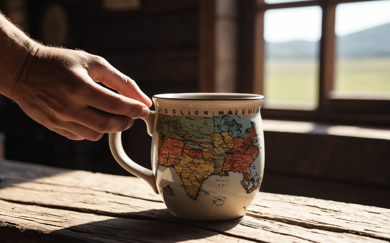 Close-up of a person's hands holding a unique handmade ceramic mug on a rustic wooden table, natural sunlight streaming through a window, soft focus background, editorial photography