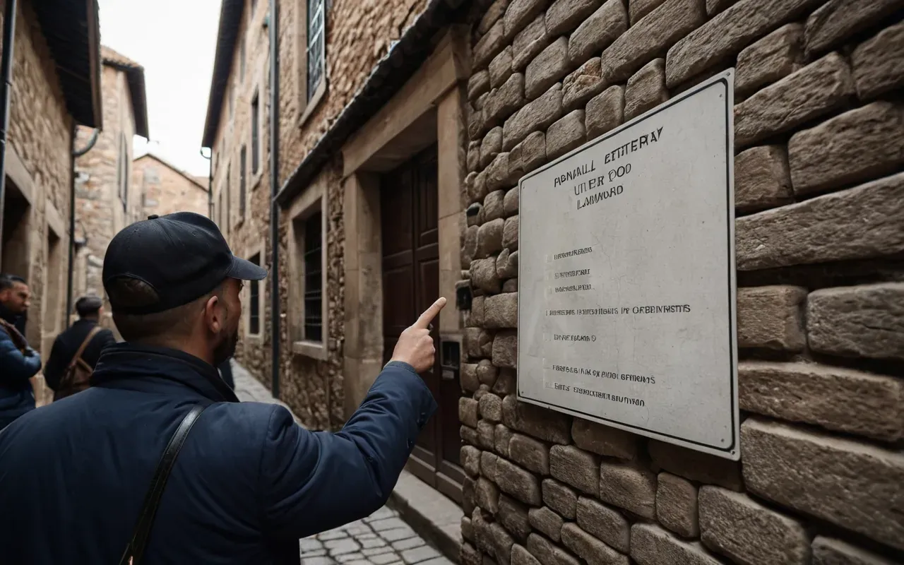 Close-up of a tour guide pointing at an old brick building while small group listens attentively in narrow cobblestone alley