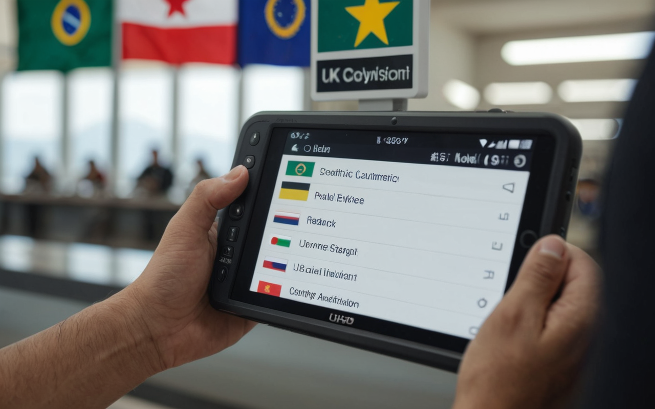 Close-up of a traveler using a digital device to research product information in a clean modern setting, soft focus background, neutral colors