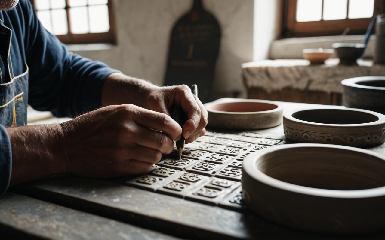 Close-up photograph of hands carefully crafting a ceramic object in a modern workshop with natural light streaming through large windows