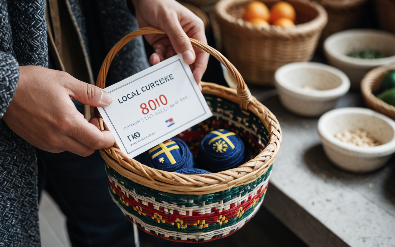Close-up shot of a traveler's hands holding a small woven textile basket in a bright modern market setting, soft natural lighting, shallow depth of field