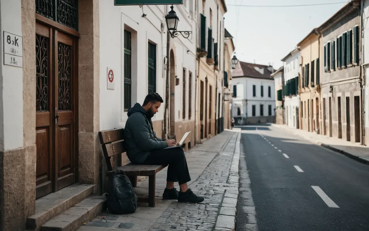 Editorial photograph of a traveler sitting alone on a quiet street corner with a notebook, soft morning light, minimalist composition
