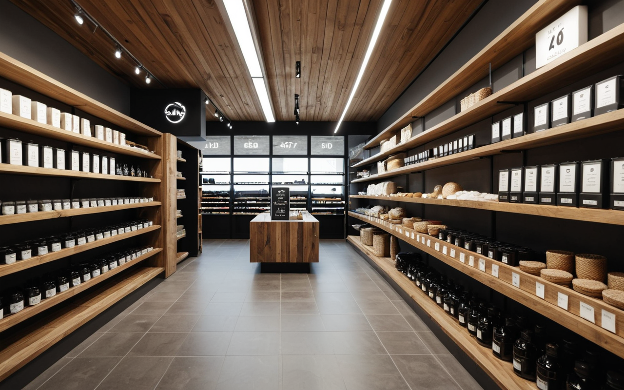 Interior of a contemporary retail store with minimalist shelving and neutral tones, focusing on a single handcrafted wooden object on a display table, soft diffused light