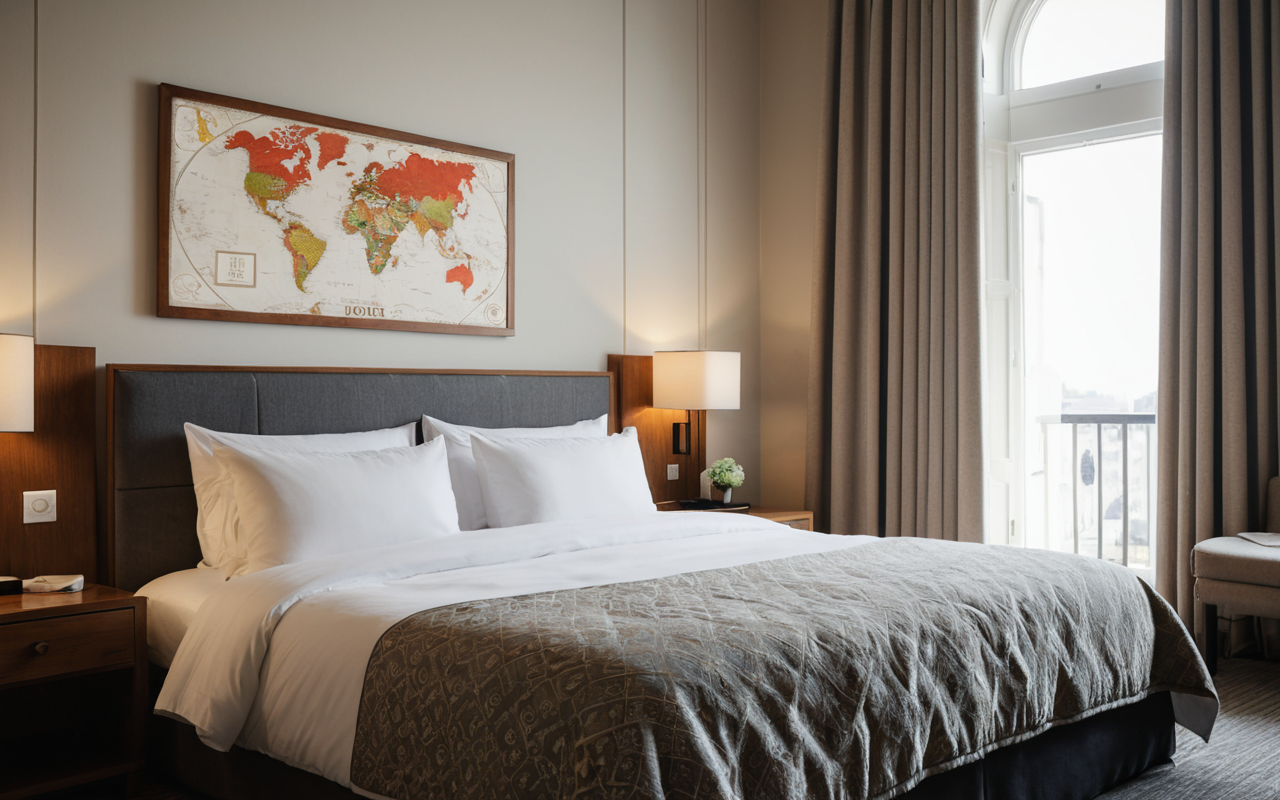 Interior of a modern boutique hotel suite with made bed, neutral linens, and large windows, soft morning light
