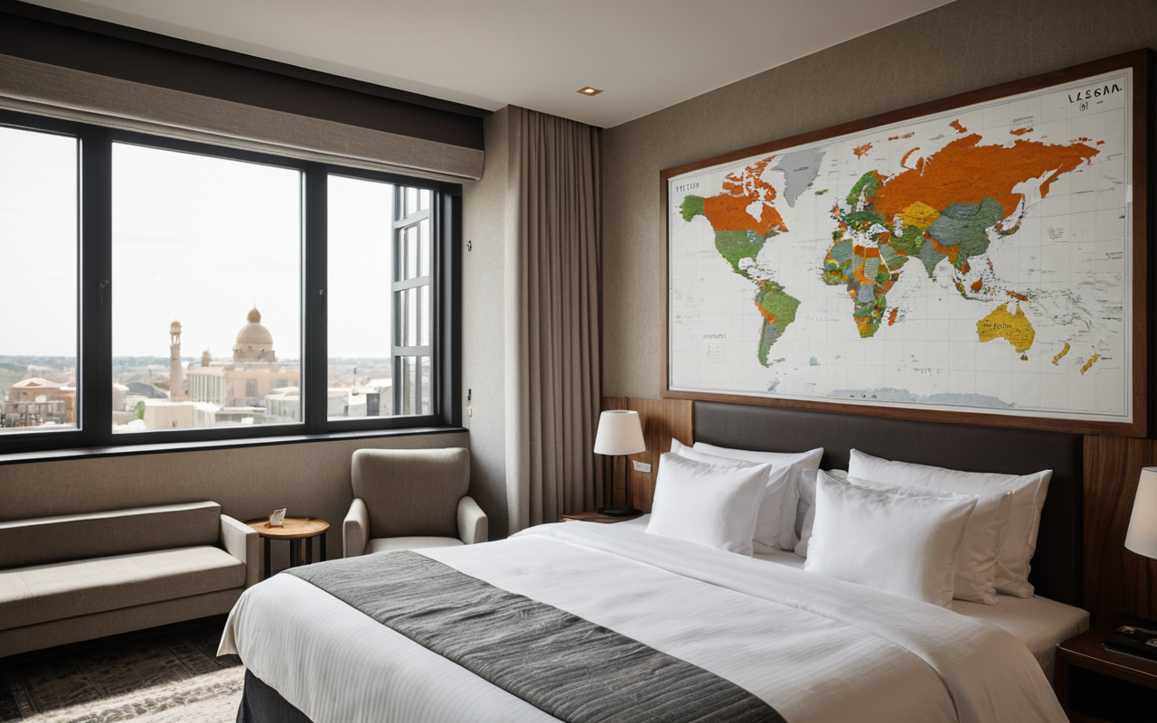 Interior of a modern boutique hotel suite with made bed, neutral linens, and large windows, soft morning light