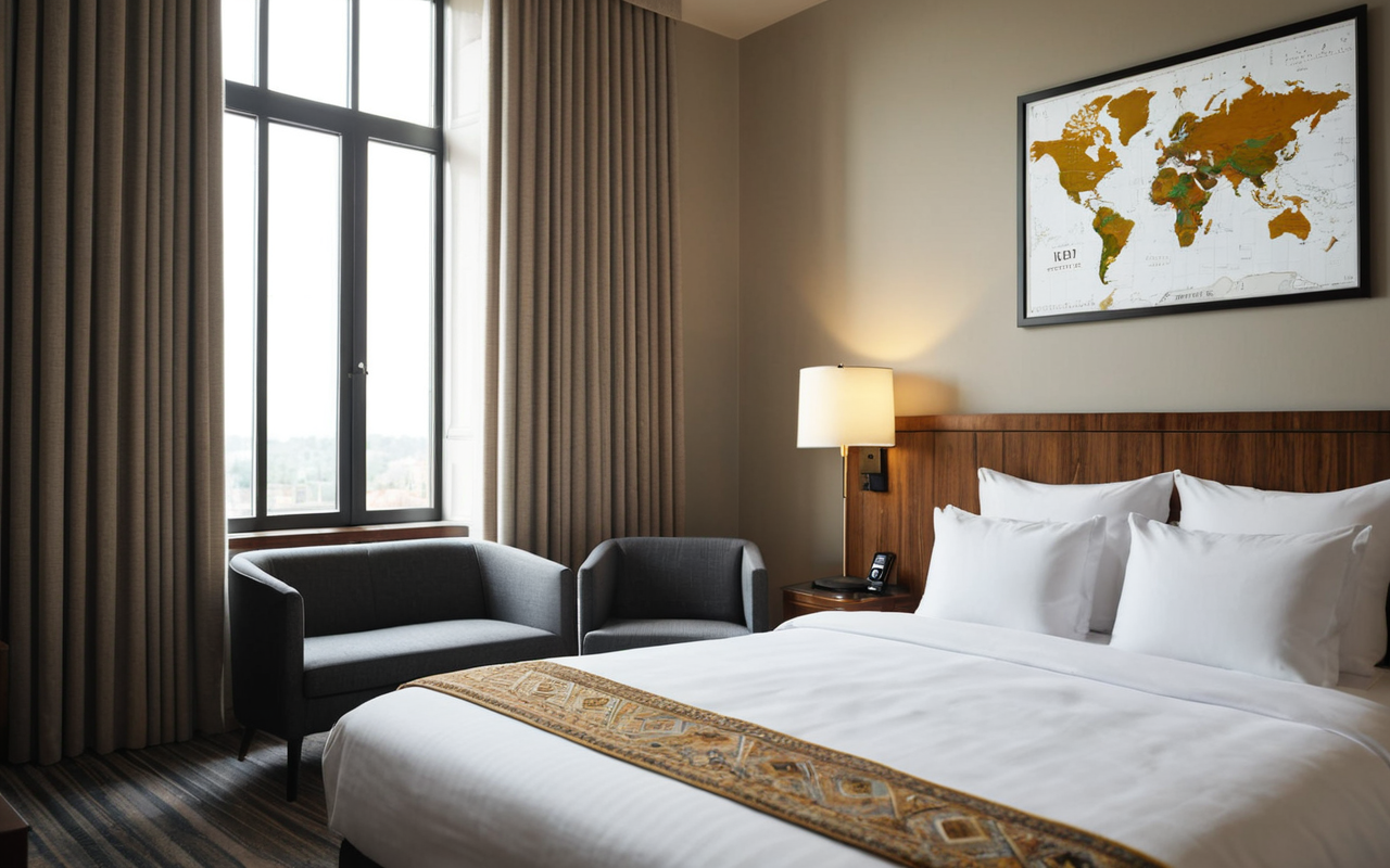 Interior of a modern boutique hotel suite with made bed, neutral linens, and large windows, soft morning light, no text visible