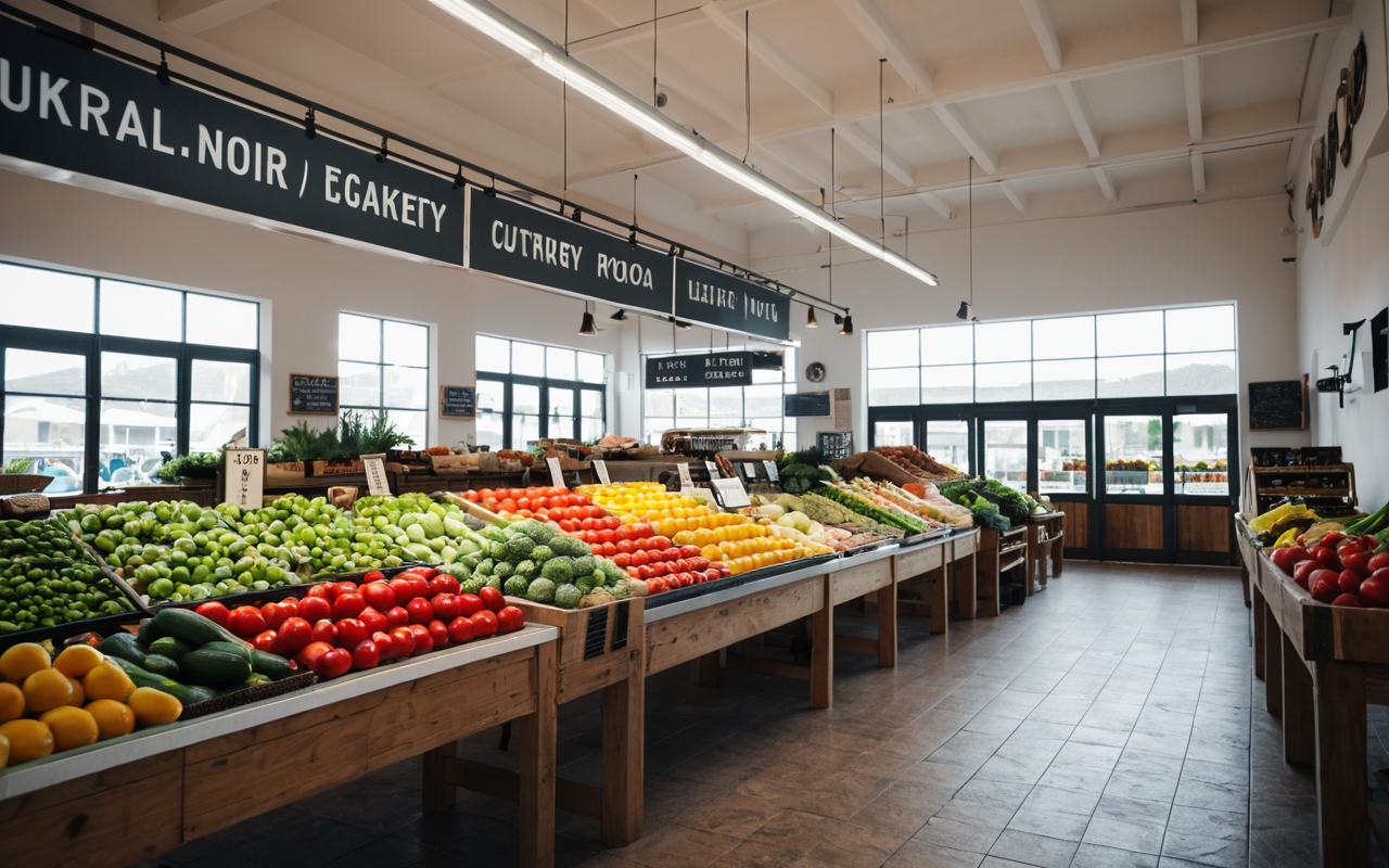 Interior shot of a contemporary market space with wooden tables, fresh produce displays, and natural lighting, minimalist editorial photography