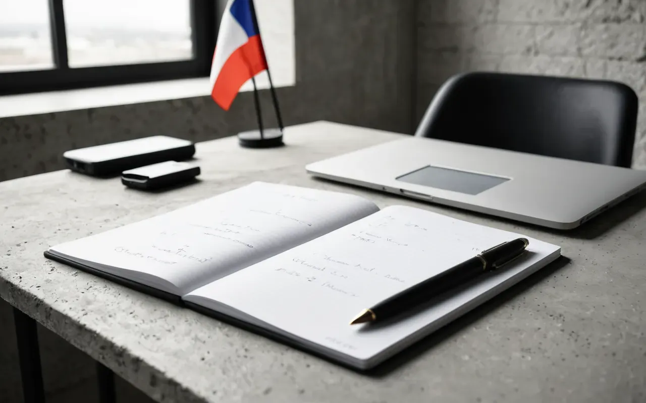 tourism study netherlands Minimalist desk setup with a modern notebook and pen, soft natural light, clean concrete surface, neutral tones, editorial photography