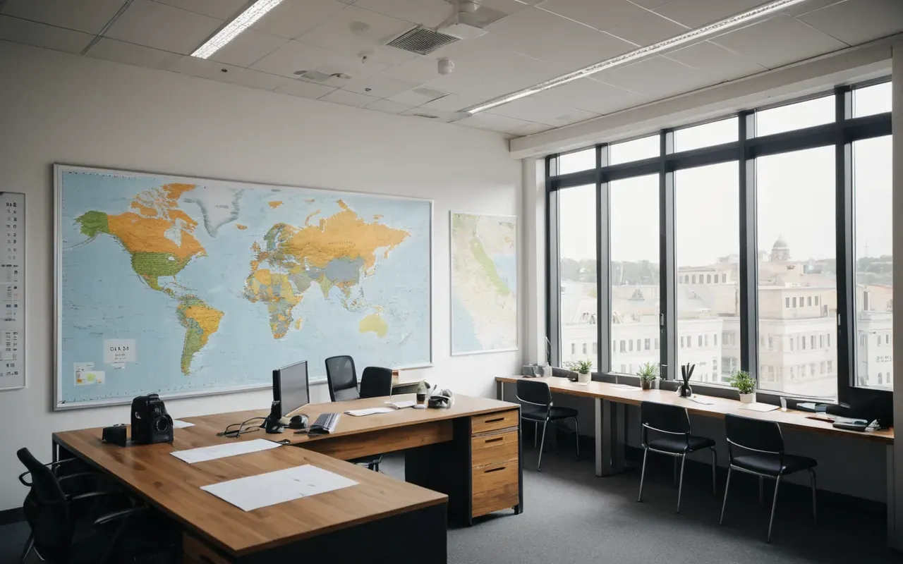 Modern minimalist interior of a city planning office with large windows and maps pinned to whiteboards under soft daylight