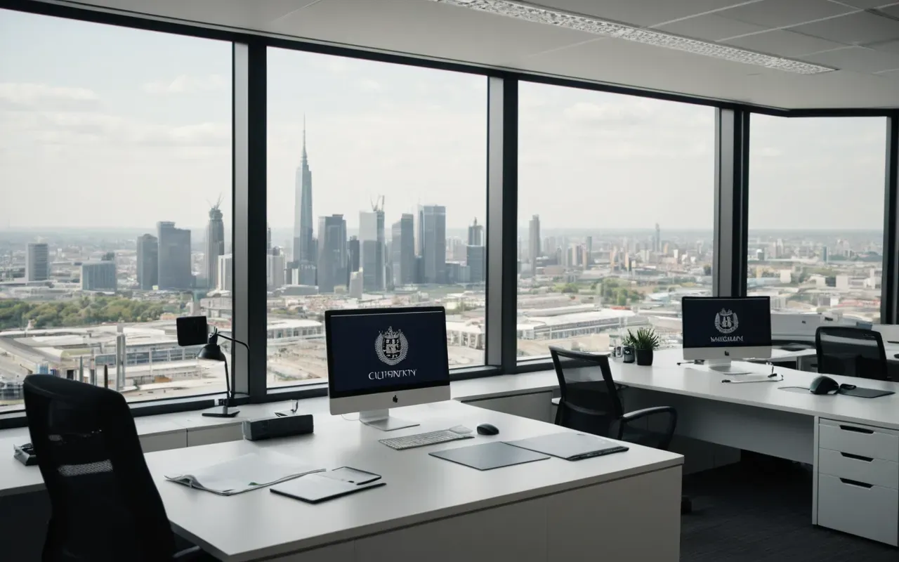 tourism study netherlands Modern minimalist office interior with a large window overlooking a generic city skyline, soft natural light, clean workspace, neutral tones, editorial photography