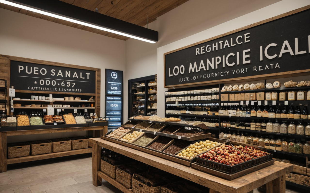 Modern retail environment with sustainable product displays, natural materials, and clean design elements, soft diffused lighting